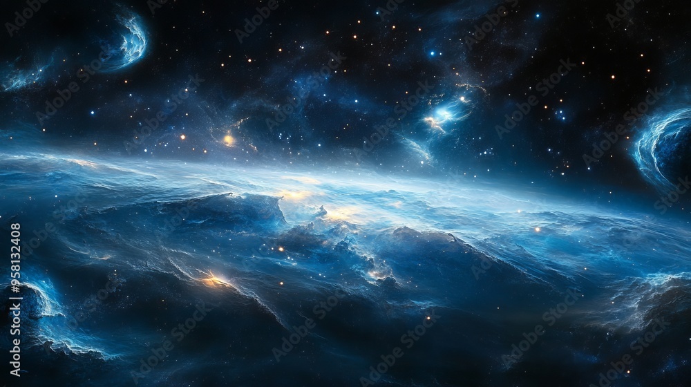 To design an imaginative and ethereal scene with nebulous clouds, celestial bodies, and glowing effects To design an imaginative and ethereal scene with nebulous clouds, celestial bodies, and glowing effects
