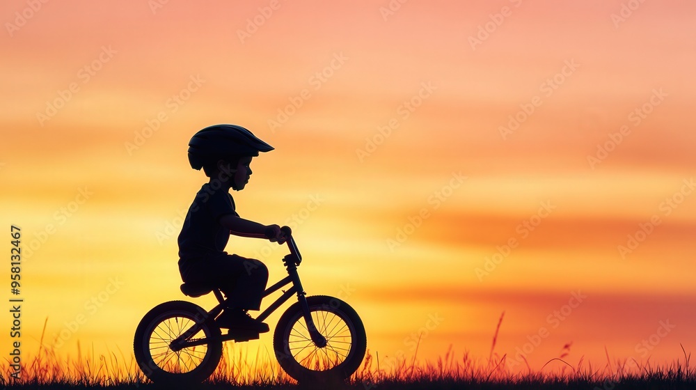Balance Bike Adventure, a young boy mastering his balance on a sleek silhouette bike, confidently practicing with one leg on the ground, showcasing determination and skill. Balance Bike Adventure, a young boy mastering his balance on a sleek silhouette bike, confidently practicing with one leg on the ground, showcasing determination and skill.