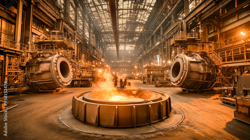 Workers skillfully pour molten iron from ornate cauldrons into large round containers in an active steel foundry Workers skillfully pour molten iron from ornate cauldrons into large round containers in an active steel foundry