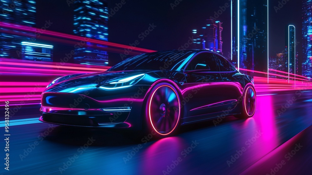 Electric Car with Neon Underglow Lights Driving Through High-Tech Cityscape at Night Electric Car with Neon Underglow Lights Driving Through High-Tech Cityscape at Night