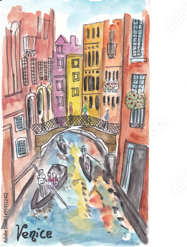 Venice illustration urban city sketch watercolour with isolated white background
