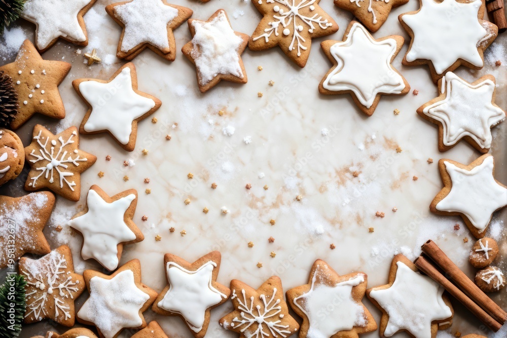 Glazed Star-Shaped Gingerbread Cookies Surrounding a White Space on a Marble Surface Glazed Star-Shaped Gingerbread Cookies Surrounding a White Space on a Marble Surface