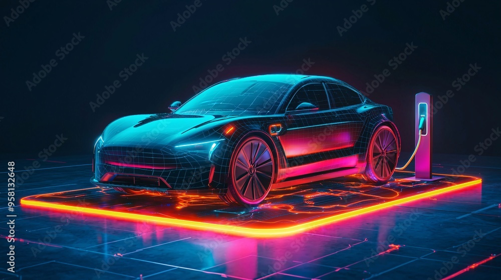 Futuristic Electric Car Being Wirelessly Charged on a Stylish Charging Pad With Energy Ind Futuristic Electric Car Being Wirelessly Charged on a Stylish Charging Pad With Energy Ind