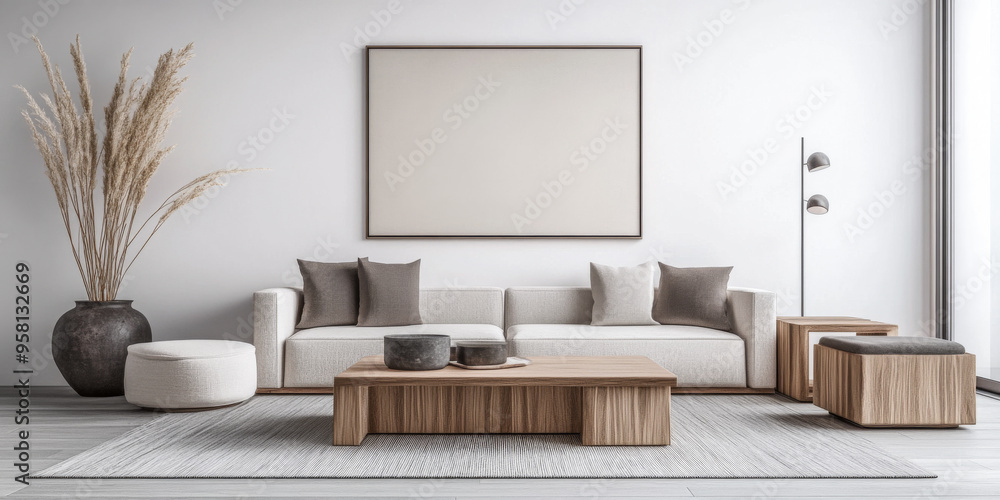Fototapeta premium Minimalist living room interiors with elegant furniture and wood accents. Real Estate interior design composition in neutral tones.