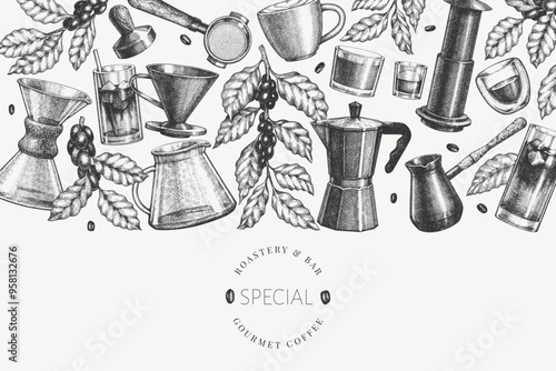 Alternative Coffee Makers Illustration. Vector Hand Drawn Specialty Coffee Equipment Banner. Vintage Style Coffee Bar Design