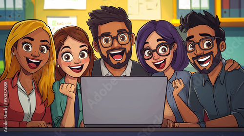 A cartoon-style team of div...