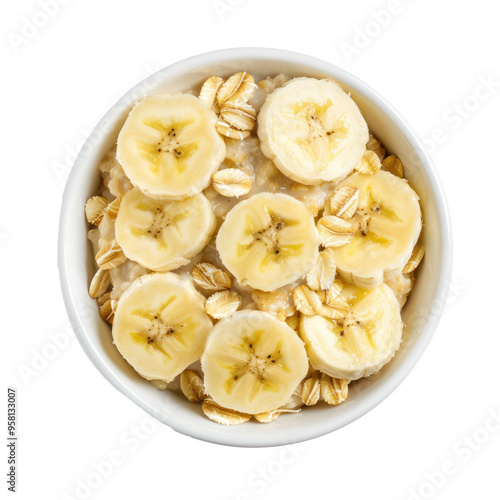 Slices of Banana in Oatmeal bowl isolate on transparency background