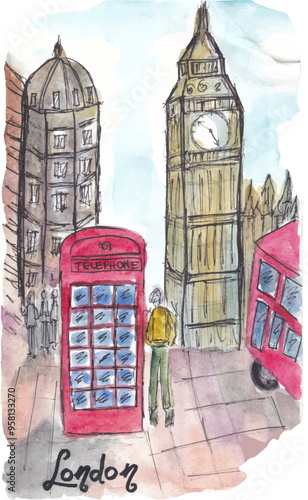 big ben and city tower london illustration urban city sketch watercolour with isolated white background