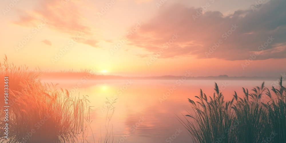 sunset over the lake, Beautiful Sunrise Over a Tranquil Marshland with Misty Waters, Tall Grasses, and a Reflective Sky sunset over the lake, Beautiful Sunrise Over a Tranquil Marshland with Misty Waters, Tall Grasses, and a Reflective Sky