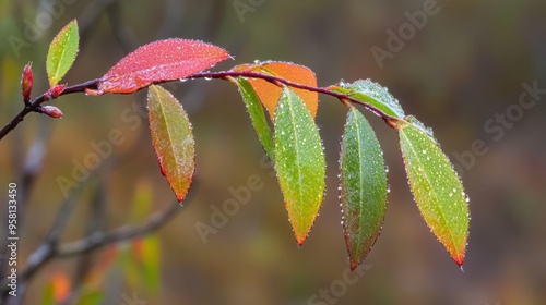 A single bottlebrush leaf, needle-like and turning from green to bright red photo