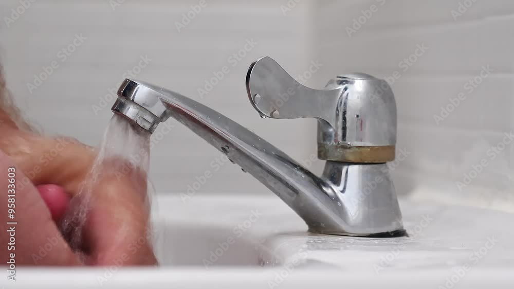 Closeup view of hand turning water tap for pouring water into sink in bathroom. Flowing water. Washing hands. Finger turning off tap. Closeup view of hand turning water tap for pouring water into sink in bathroom. Flowing water. Washing hands. Finger turning off tap.