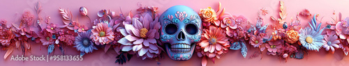 Colorful sugar skull surrounded by vibrant flowers on color background