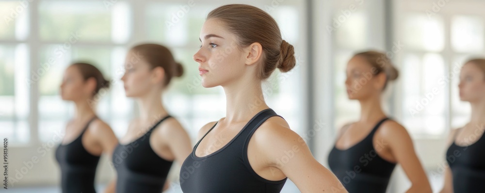 Group of Women Practicing Elegant Ballet Barre Exercises with Focus on Form and Poise in a Bright and Airy Dance Studio Environment Group of Women Practicing Elegant Ballet Barre Exercises with Focus on Form and Poise in a Bright and Airy Dance Studio Environment