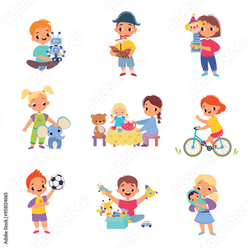 Kids Toys with Little Boy and Girl Playing Vector Set