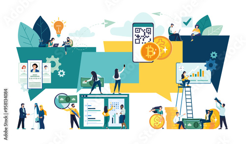 Chat discussion of the exchange of finances. People businessmen discuss social networks, news, dialog speech. Digital phone qr code. Banking gold dollar cents, bitcoin. Vector illustration, flat style
