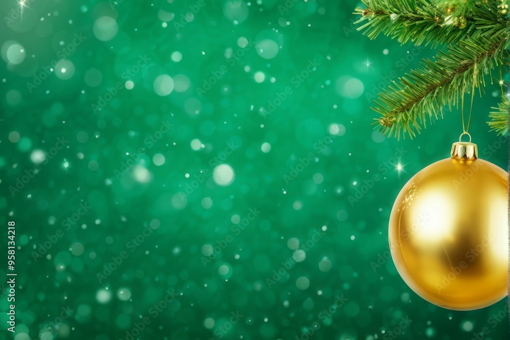 Golden Christmas Ornament Hanging From a Pine Branch Against a Green Bokeh Background Golden Christmas Ornament Hanging From a Pine Branch Against a Green Bokeh Background