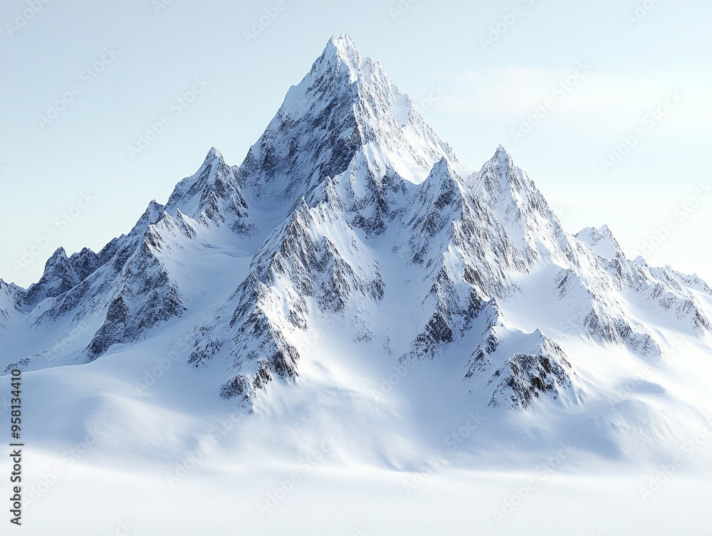 Obraz premium A majestic snow-capped mountain rising against a clear sky, showcasing the beauty of nature's winter landscape.