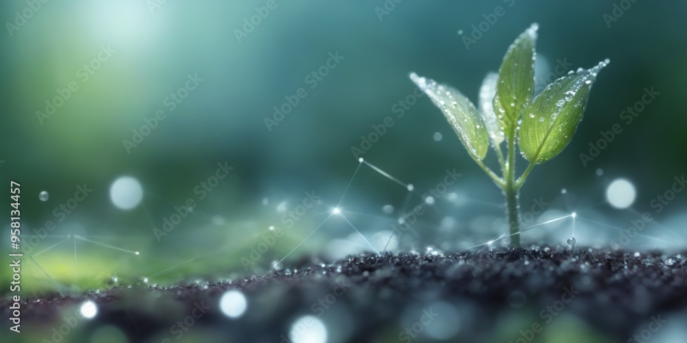 Futuristic digital illustration of small plant with two green le