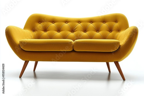 Yellow tufted loveseat with wooden legs photo