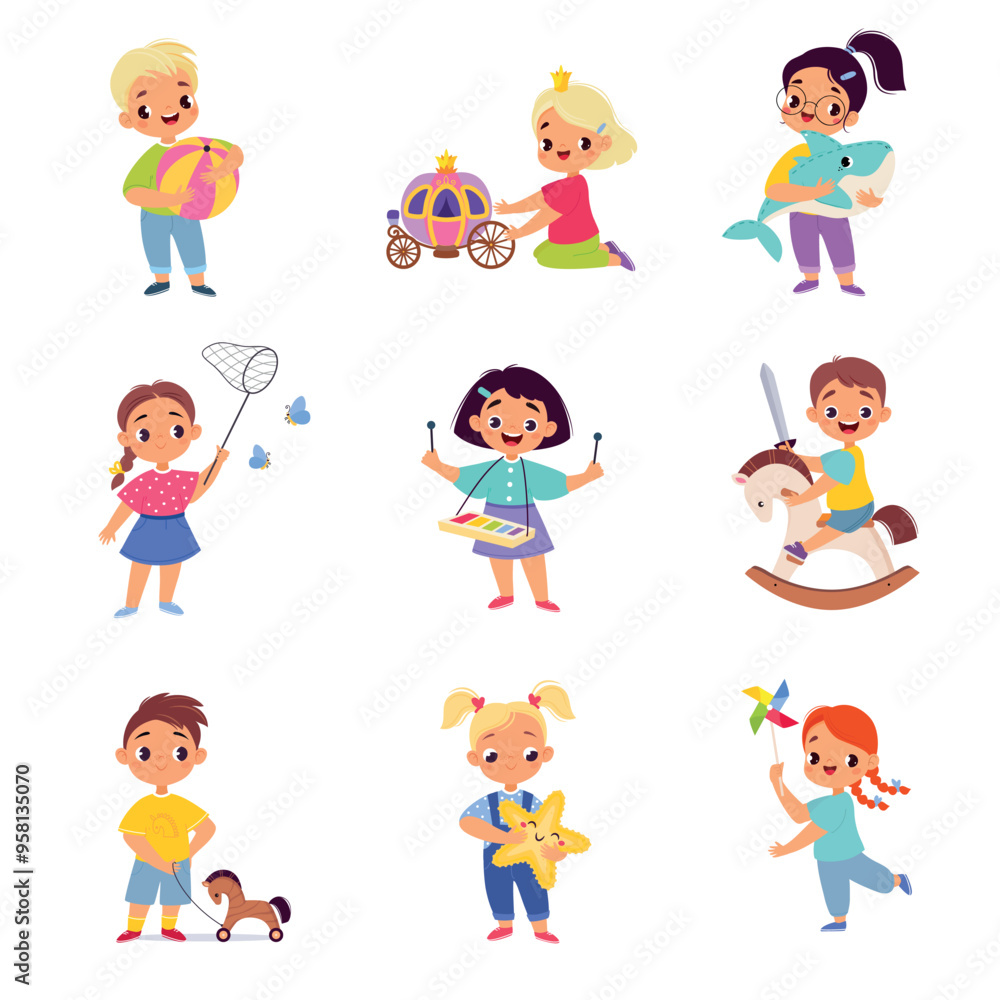 Kids Toys with Little Boy and Girl Playing Vector Set Kids Toys with Little Boy and Girl Playing Vector Set