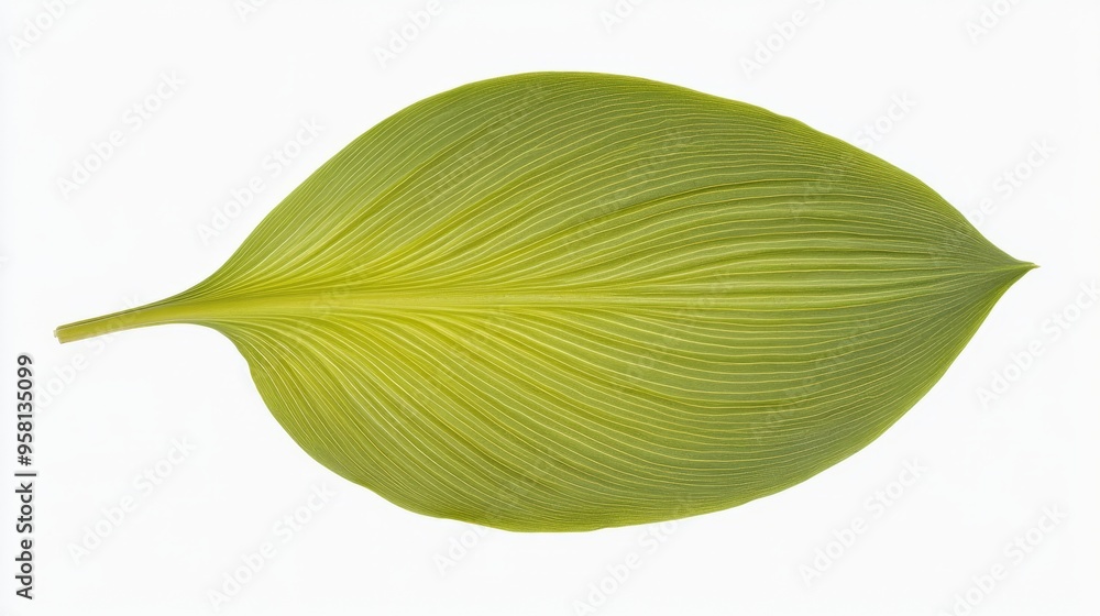 Fototapeta premium A single plantain leaf, broad with parallel veins and a smooth margin, in bright green