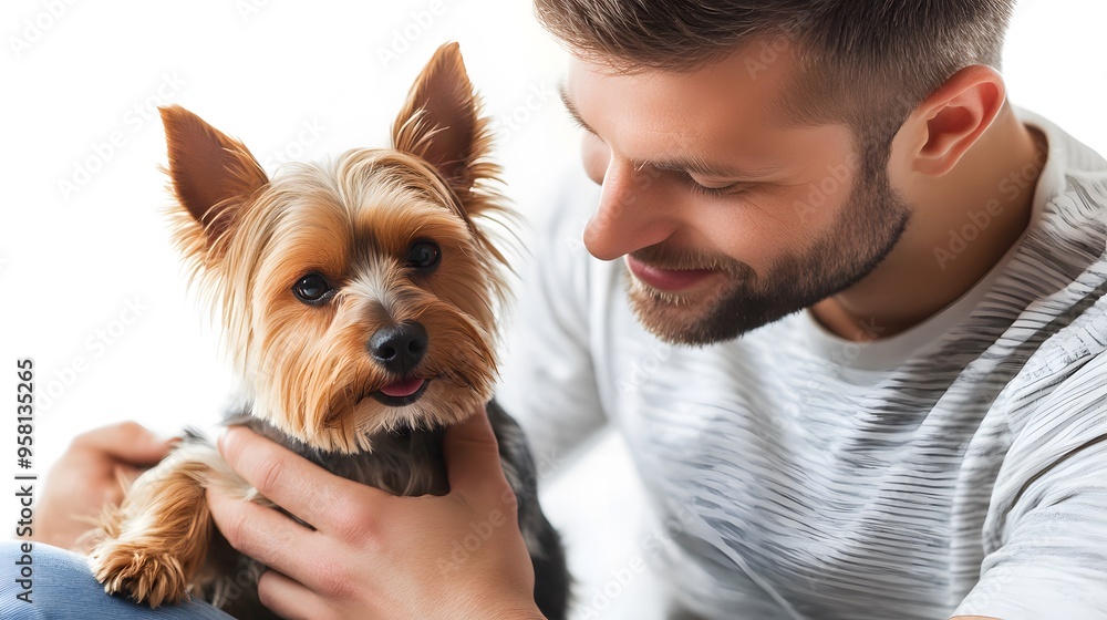 Pet Interaction: A man sitting with a small dog on his lap, gently petting it, against a white background.
Pet Interaction: A man sitting with a small dog on his lap, gently petting it, against a white background.