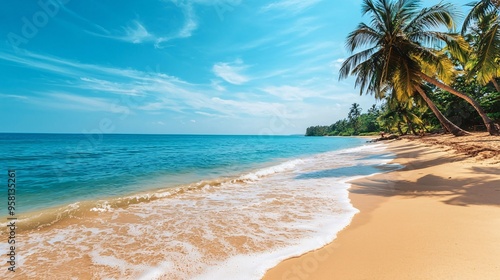 Wallpaper Mural Tropical beach scene featuring palm trees and vibrant turquoise waters ideal for vacation Torontodigital.ca