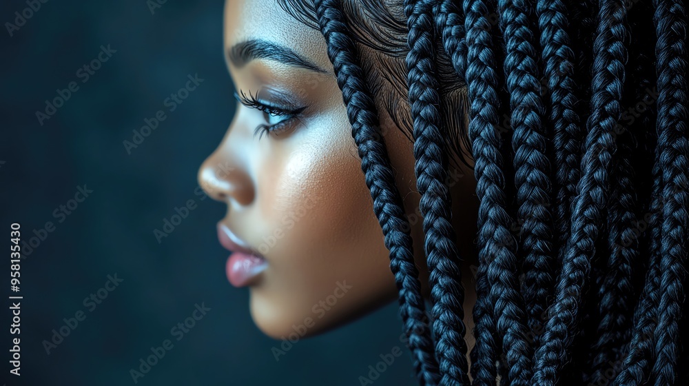 A captivating portrait showcasing a profile of a woman with intricate braids and radiant skin, highlighting beauty and hairstyle. A captivating portrait showcasing a profile of a woman with intricate braids and radiant skin, highlighting beauty and hairstyle.