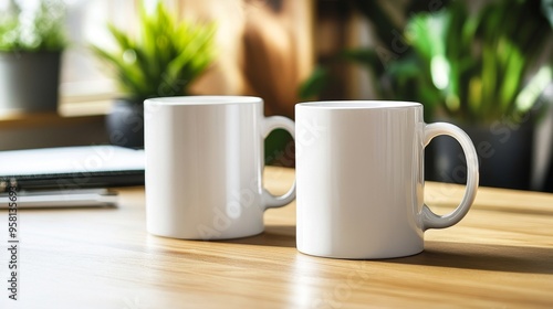 Wallpaper Mural Two Blank White Mugs on Desk with Office Supplies and Indoor Plants in Background Ideal for Customization Torontodigital.ca