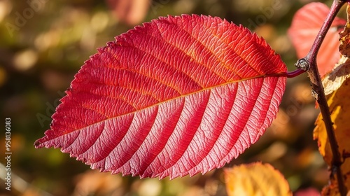 A single witch alder leaf, elliptical with slightly wavy edges, turning from green to vibrant red photo