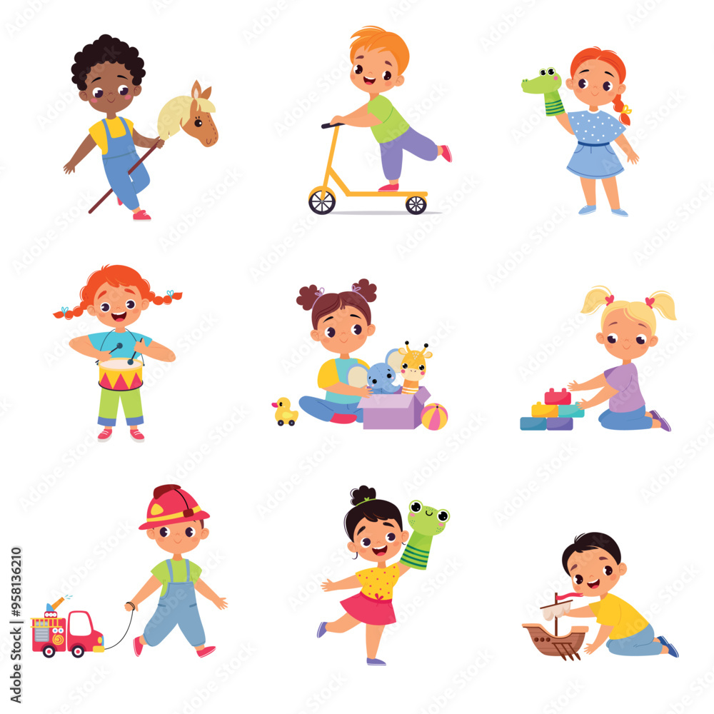 Kids Toys with Little Boy and Girl Playing Vector Set Kids Toys with Little Boy and Girl Playing Vector Set
