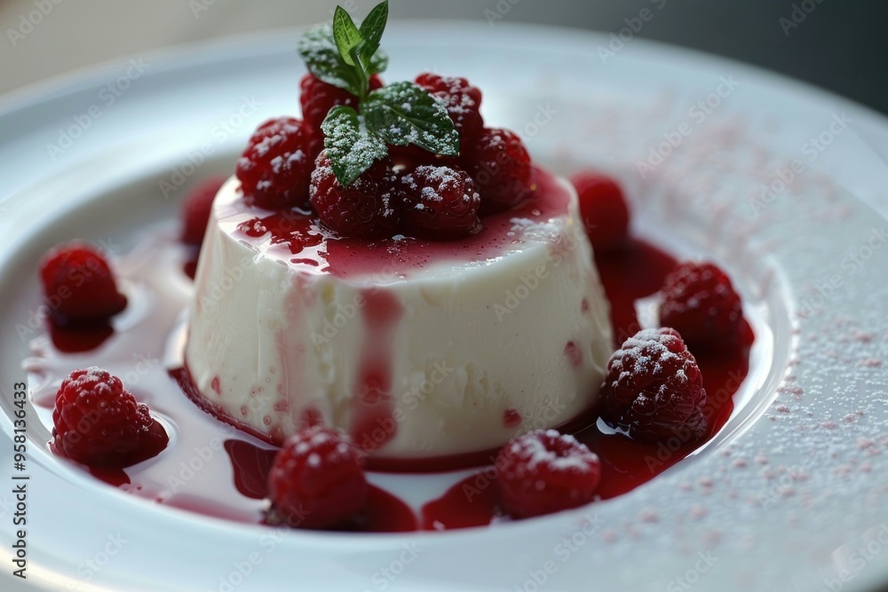 Creamy panna cotta dessert served on a white plate with fresh raspberries, raspberry sauce and a mint leaf on top Creamy panna cotta dessert served on a white plate with fresh raspberries, raspberry sauce and a mint leaf on top