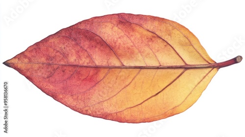 A tupelo leaf, oval with a pointed tip and smooth edges, transitioning to a bright red-orange photo