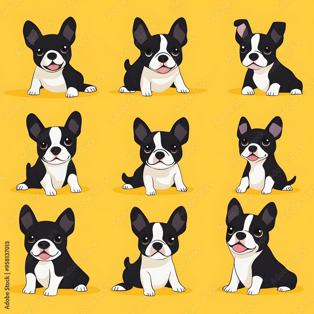 Playful Bunch of Cartoon Style Boston Terrier Puppies in Various Poses on Mellow Yellow Background Playful Bunch of Cartoon Style Boston Terrier Puppies in Various Poses on Mellow Yellow Background