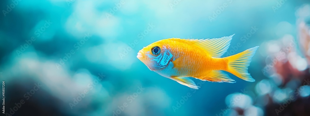 Naklejka premium A tight shot of a yellow-blue fish against corals in an aquatic environment, surrounded by clear blue water