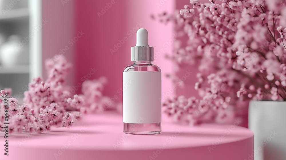 White blank label on a glass bottle with a dropper with pink plant against pink background. A mock-up template for product presentation. Transparent cosmetic glass empty container mock-up. White blank label on a glass bottle with a dropper with pink plant against pink background. A mock-up template for product presentation. Transparent cosmetic glass empty container mock-up.
