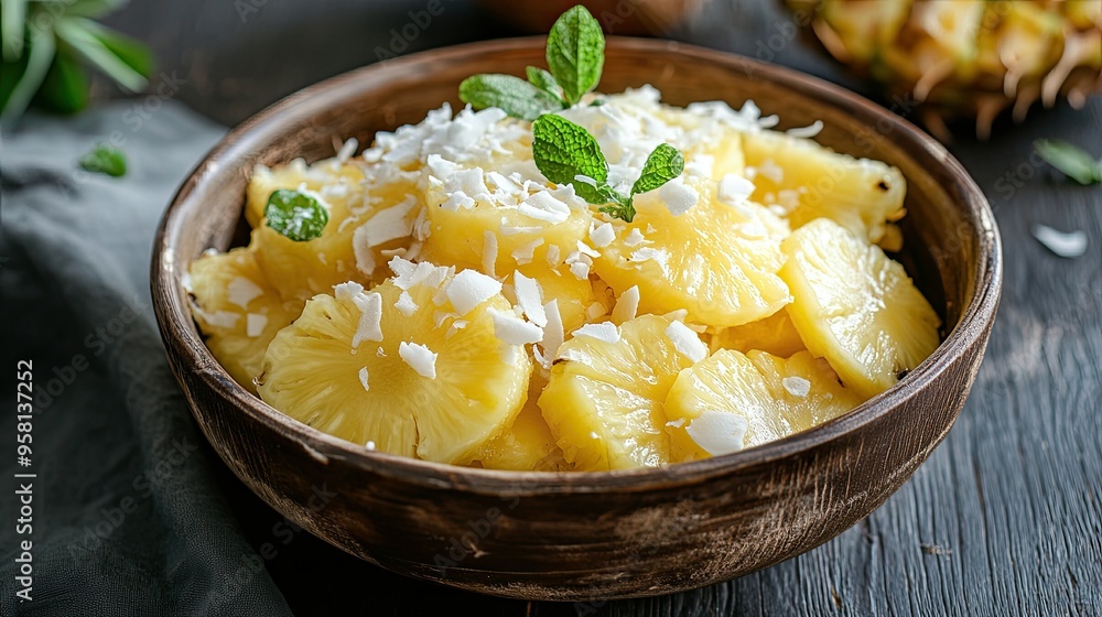 A bowl of sliced pineapple with coconut flakes A bowl of sliced pineapple with coconut flakes