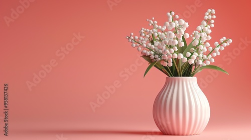 White ceramic vase with lily of the valley bouquet. Happy mother's day greeting background. AI generated image