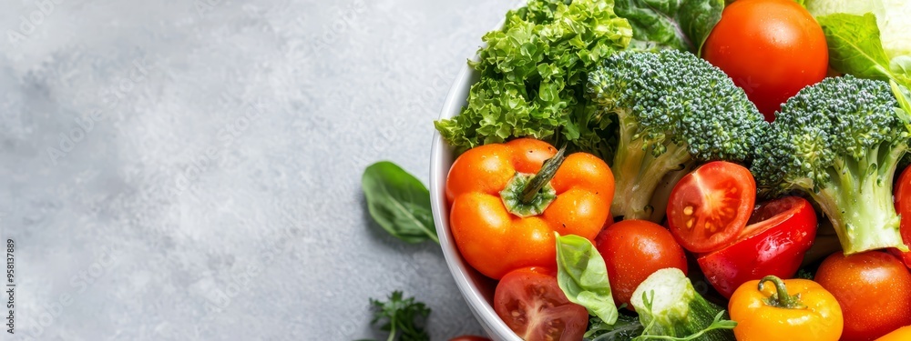 A bowl filled with broccoli florets, tomatoes, and small broccoli florets on a pristine white tablecloth A bowl filled with broccoli florets, tomatoes, and small broccoli florets on a pristine white tablecloth