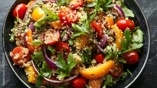 A vibrant salad featuring cooked quinoa tossed with roasted bell peppers, cherry tomatoes, red onions, and a lemon tahini dressing