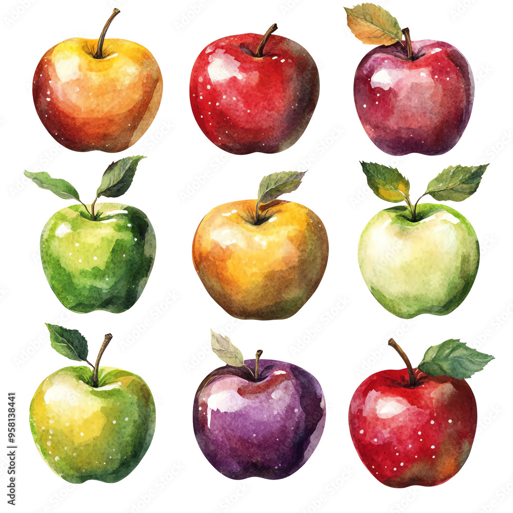A vibrant collection of watercolor apples showcasing various colors and textures, perfect for food-related designs. A vibrant collection of watercolor apples showcasing various colors and textures, perfect for food-related designs.