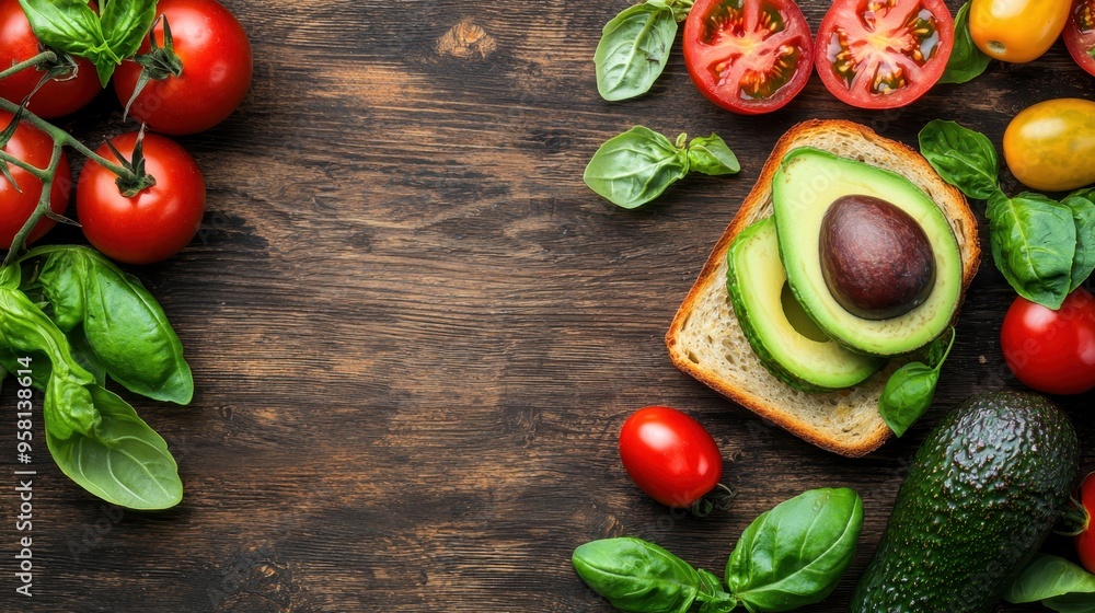 Fresh Avocado and Tomato Topped Toasted Sourdough Slice - Overhead View of Super-Definition Food Photography on Simple Background Fresh Avocado and Tomato Topped Toasted Sourdough Slice - Overhead View of Super-Definition Food Photography on Simple Background