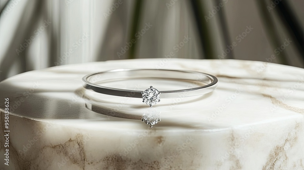 A modern minimalist bracelet with a single diamond, elegantly displayed on a marble surface A modern minimalist bracelet with a single diamond, elegantly displayed on a marble surface