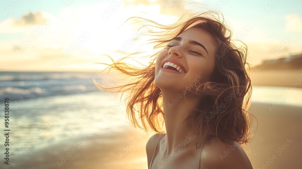 Playful Pose at Beach: A woman playfully posing on the beach, tossing her hair and laughing.
Playful Pose at Beach: A woman playfully posing on the beach, tossing her hair and laughing.