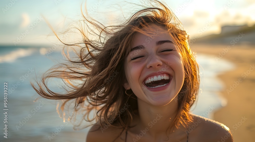 Playful Pose at Beach: A woman playfully posing on the beach, tossing her hair and laughing.
Playful Pose at Beach: A woman playfully posing on the beach, tossing her hair and laughing.