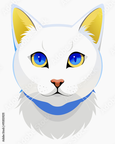 A white cat with heterochromia. The cat has one blue eye and one yellow eye, with a focused and calm expression. Its fur is sleek and white, contrasting sharply against a plain white background. 