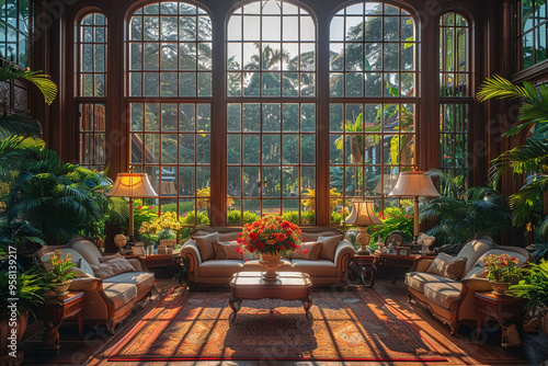 As morning sun streamed through large windows, casting a warm glow over luxurious wooden decoration, comfortable sofas, and fancy table lamps, panoramic view from high-angle perspective revealed a stu photo