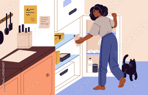 Young woman takes pack of milk from fridge shelf to prepare food. Hungry girl looking at open refrigerator, chooses ingredients for cooking. Person cooks meals in kitchen. Flat vector illustration