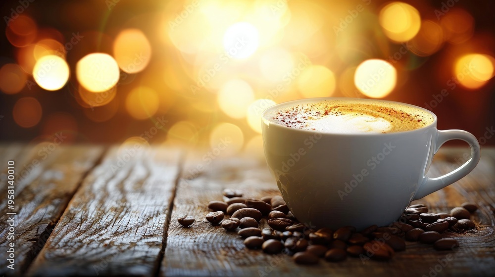 Obraz premium Cup of cappuccino with frothy milk, placed on rustic wooden table with coffee beans scattered, warm bokeh lights in background, cozy and inviting atmosphere, perfect for relaxing coffee break.