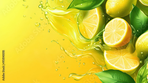 Fresh lemon slices and vibrant splashes of juice create refreshing citrus scene. bright yellow background enhances lively feel of this image.